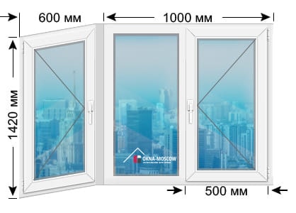Цена на пвх-окно серии П44К размером 1420x600x1000