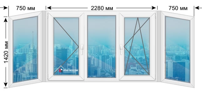 Цена на пвх-окно серии П44К размером 1420x750x2280x750