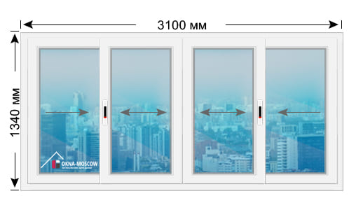 Цена на холодное пвх-окно серии и491а размером 1340x3100