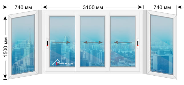 Цена на холодное пвх-окно серии 1-511-5 размером 1500x740x3100x740