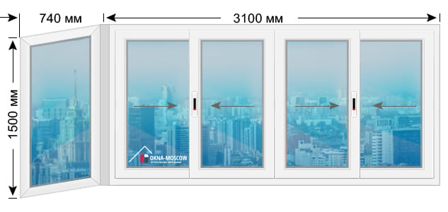 Цена на холодное пвх-окно серии 1-515-5 размером 1500x740x3100