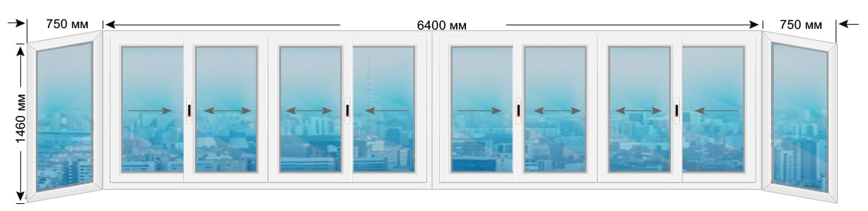 Цена на холодное пвх-окно серии 1-515-9м размером 1460x750x6400x750