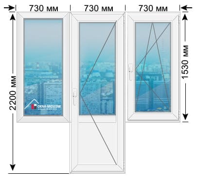 Цена на пвх-окно комфорт серии 1-515-5 размером 2200x730x730x730x1530