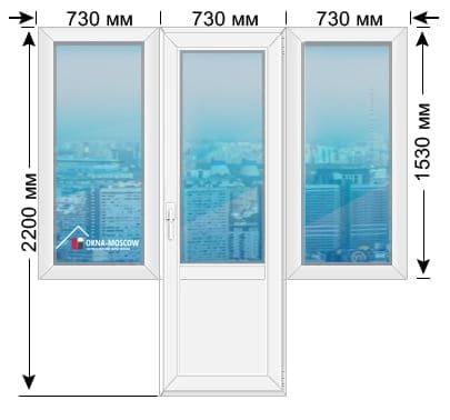 Цена на пвх-окно серии 1-515-5 размером 2200x730x730x730x1530